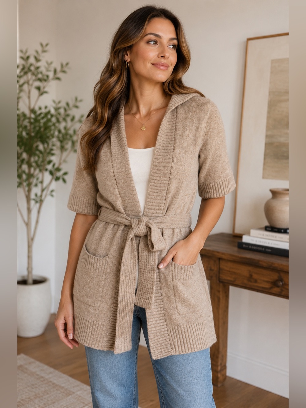 Banana Republic Lambswool Cashmere Belted Hooded Cardigan Sweater M Beige - Picture 1 of 7
